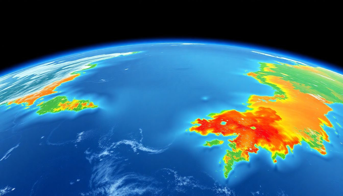 Create an image of a modern satellite view of the Kuril Islands, with a superimposed graphic of global temperature changes.