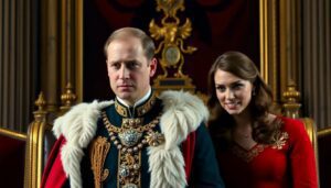 Generate an image of King Charles III with Prince William and Kate Middleton in a formal royal setting, with subtle elements of chaos and stress intertwined, such as a slightly disorganized background or tense body language.