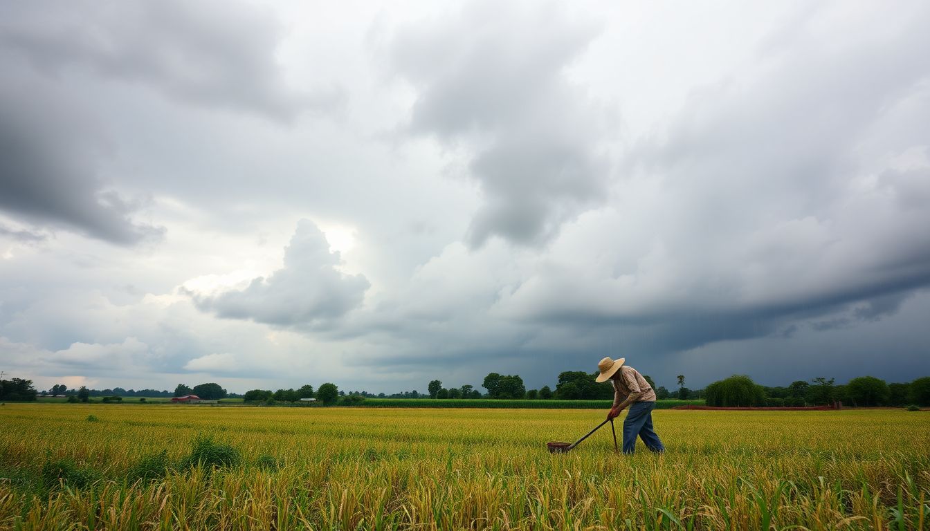 Generate an image of a farmer working in a field with dark clouds gathering in the background, symbolizing the dual nature of rain as both a benefit and a obstacle.