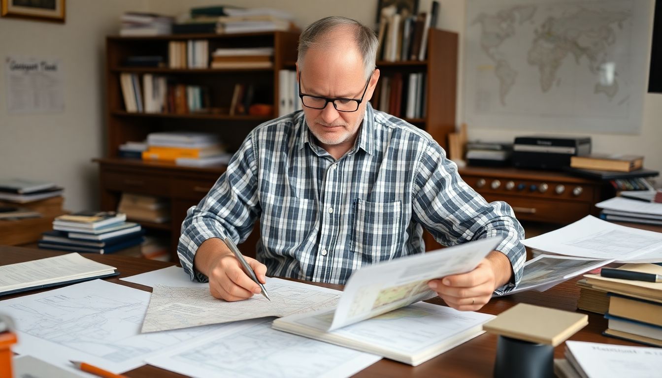 Create an image of Lance Muirhead studying farm records and maps in his office, surrounded by notes and plans for the 2025 growing season.