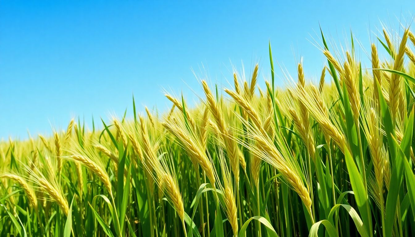 Create an image of a lush, green wheat field under a clear blue sky, representing the promise of a bountiful harvest.