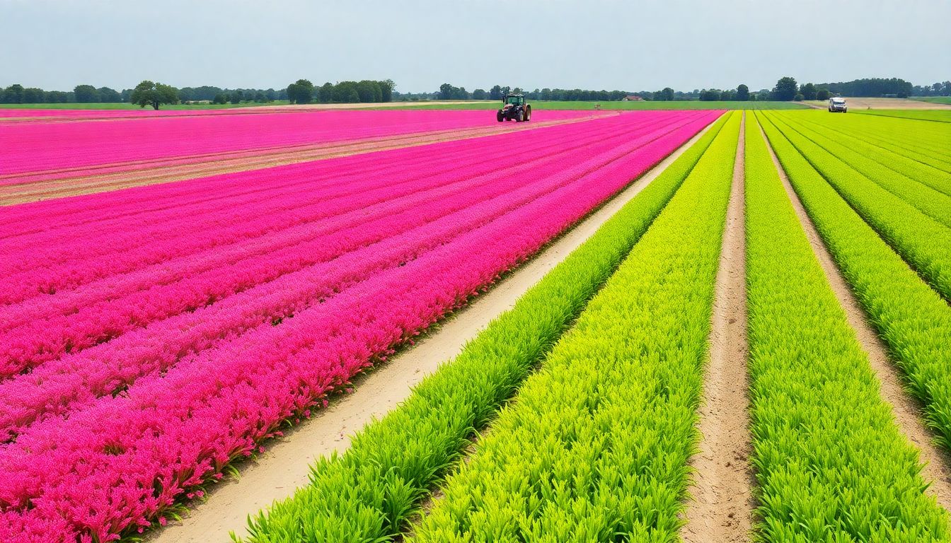 Generate an image of a field with vibrant cover crops and strip till marks, with a tractor working in the background.