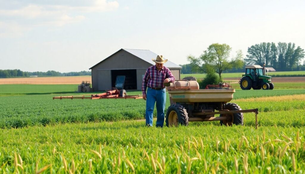 Generate an image of a farmer in Central Illinois preparing his fields for the 2025 growing season. The farmer should be surrounded by lush cover crops and wheat fields, with a backdrop of a farm shed and tillage equipment. The scene should evoke a sense of anticipation and hope for the upcoming year.