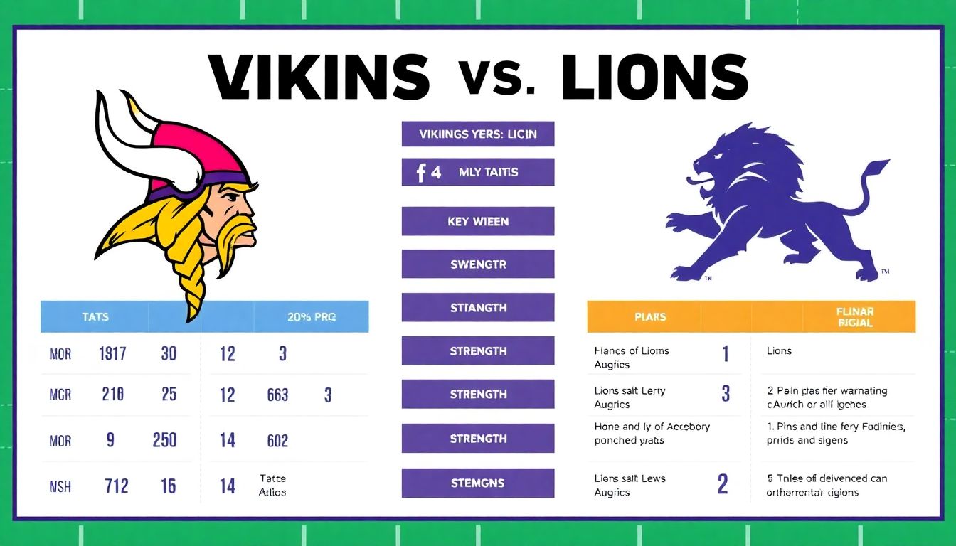 A comparison infographic between the Vikings and Lions, showing their stats, key players, and strengths.