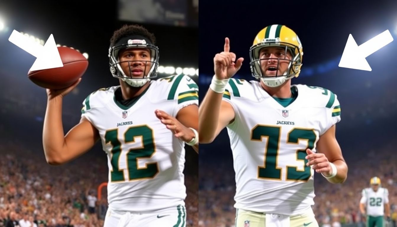Action shots of Aaron Jones and Pat Jones in previous games, with spotlights or arrows pointing to them to emphasize their importance.