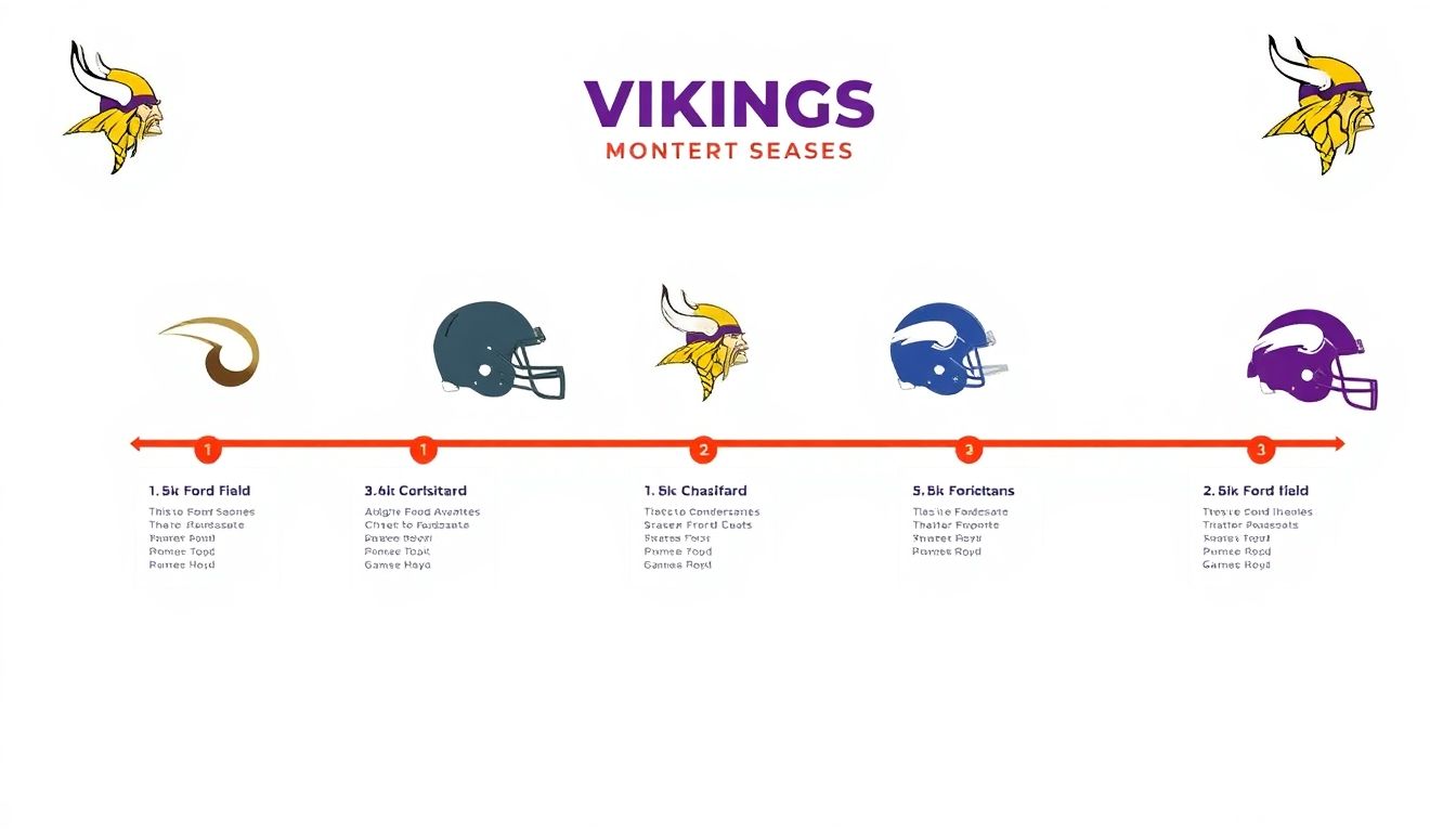A timeline or roadmap with Vikings helmets or symbols marking significant games and moments from the season, leading to Ford Field.