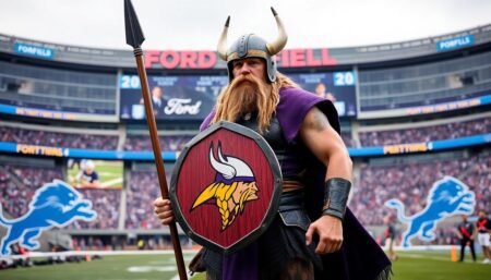 A Viking warrior standing tall with a football helmet on, holding a shield with the Vikings logo and a spear, ready for battle against a backdrop of Ford Field. The Detroit Lions logo is visible in the background, with a scoreboard showing the high stakes of the game.