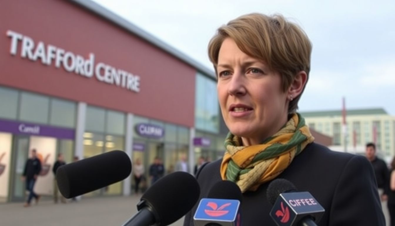 Create an image of a council spokesperson addressing the media, with the Trafford Centre in the background.