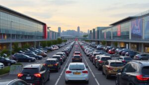 Create an image of a bustling Trafford Centre with long queues of cars stretching out of the parking lot, with a backdrop of the Manchester skyline.