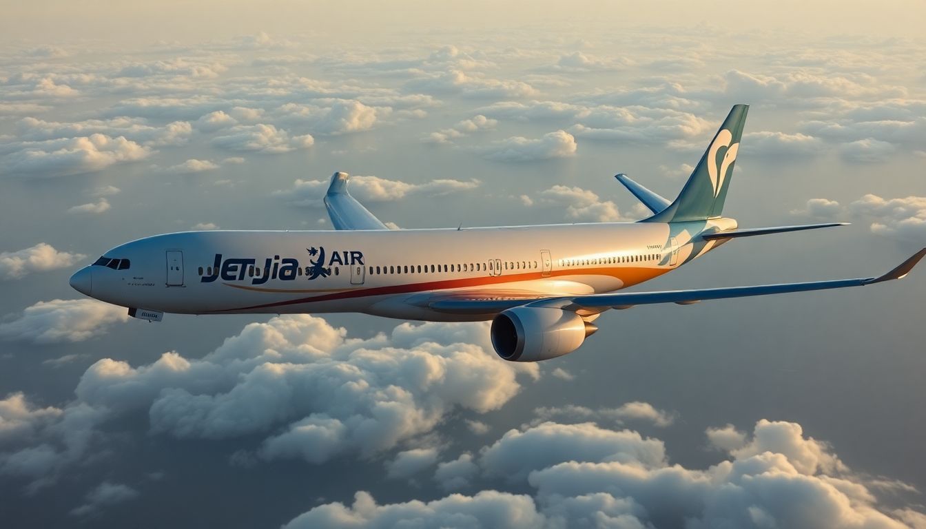 Create an image of Jeju Air flight 7C2216 in the air, with a hint of trouble ahead.