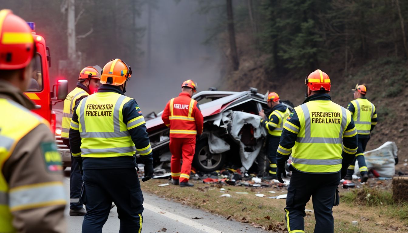 Show rescue personnel working at the crash site, with a focus on the heroic efforts to save lives.