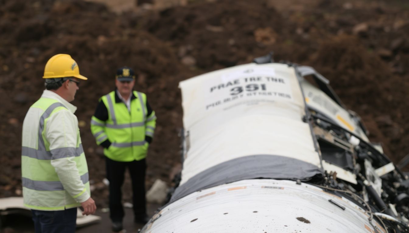 Depict investigators examining the wreckage and officials discussing safety measures.