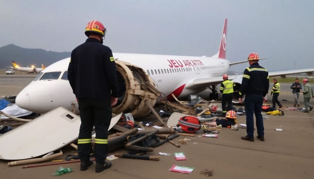 Generate an image of the aftermath of the Jeju Air plane crash at Muan International Airport, showing rescue personnel and the wreckage.