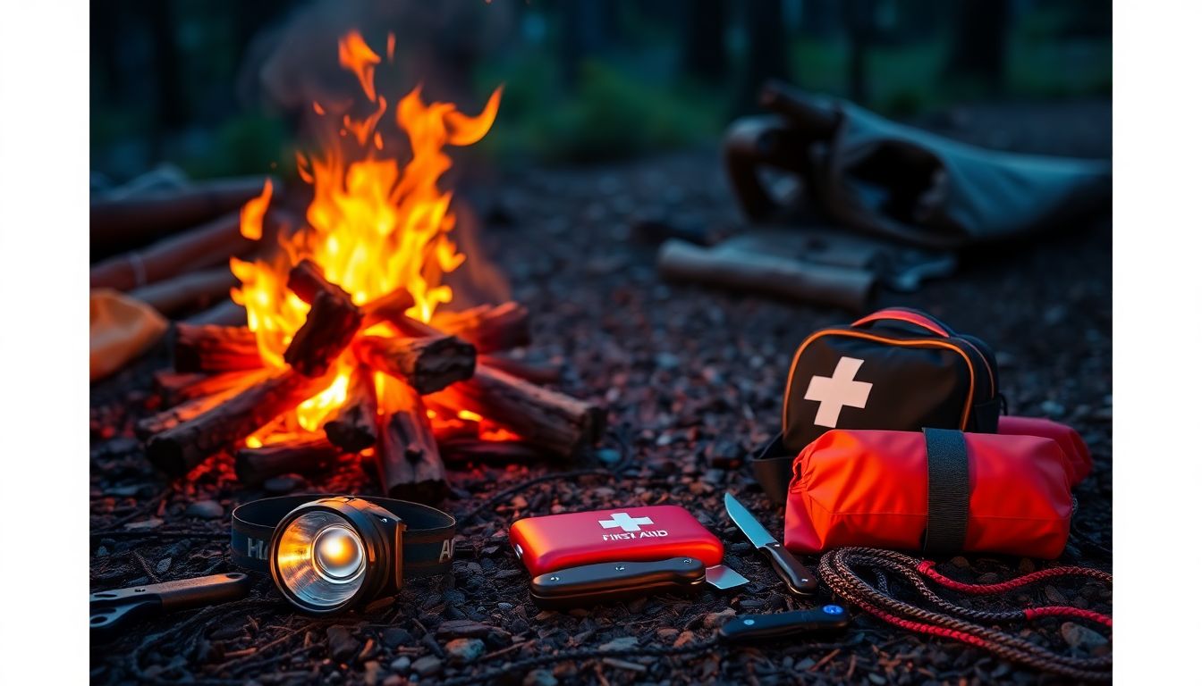 Depict a campfire with a headlamp, first aid kit, knife, and paracord nearby, in a cozy campsite setting.