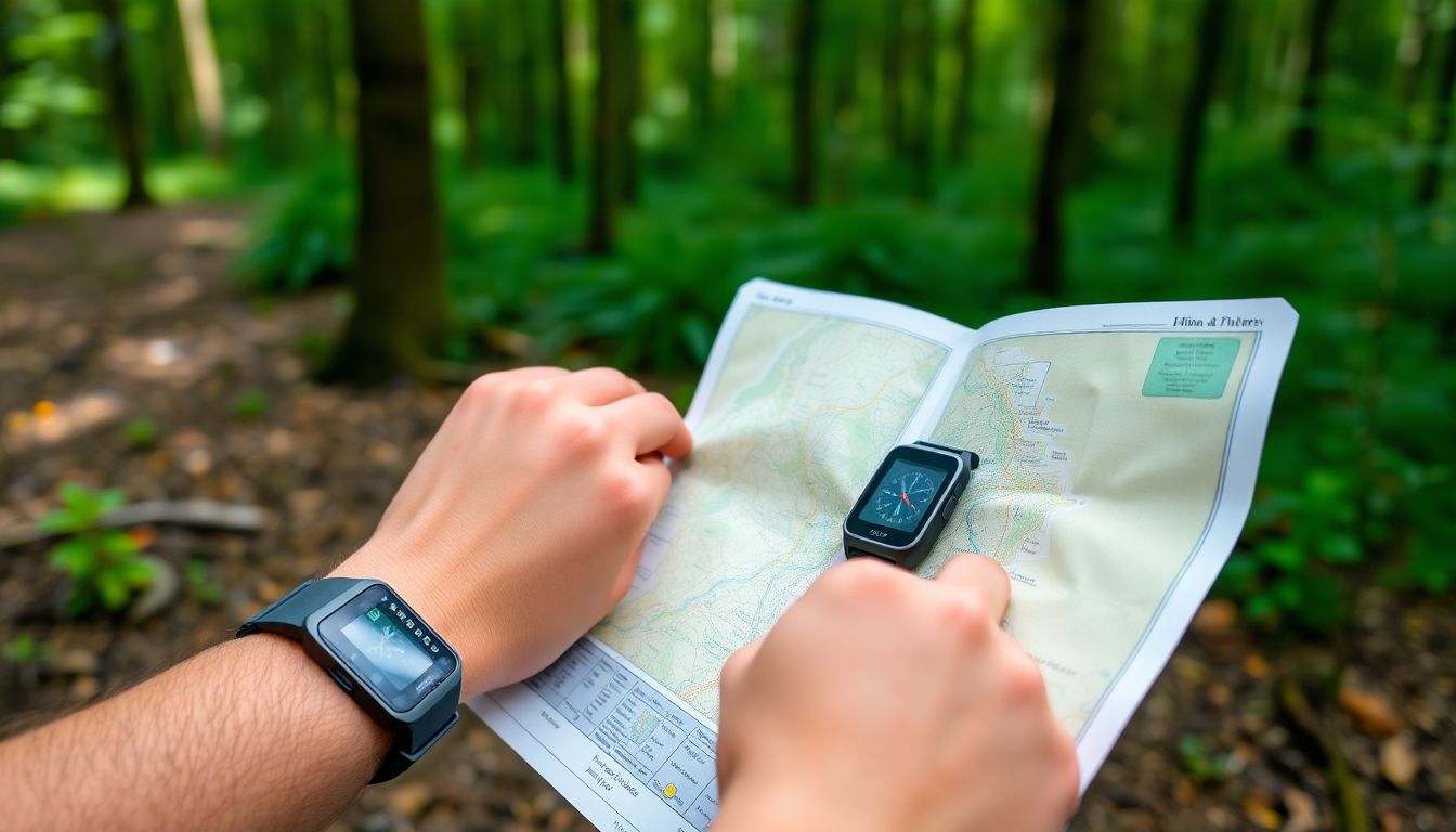 Show a hiker using a map and compass, with a GPS watch on their wrist, in a forest setting.