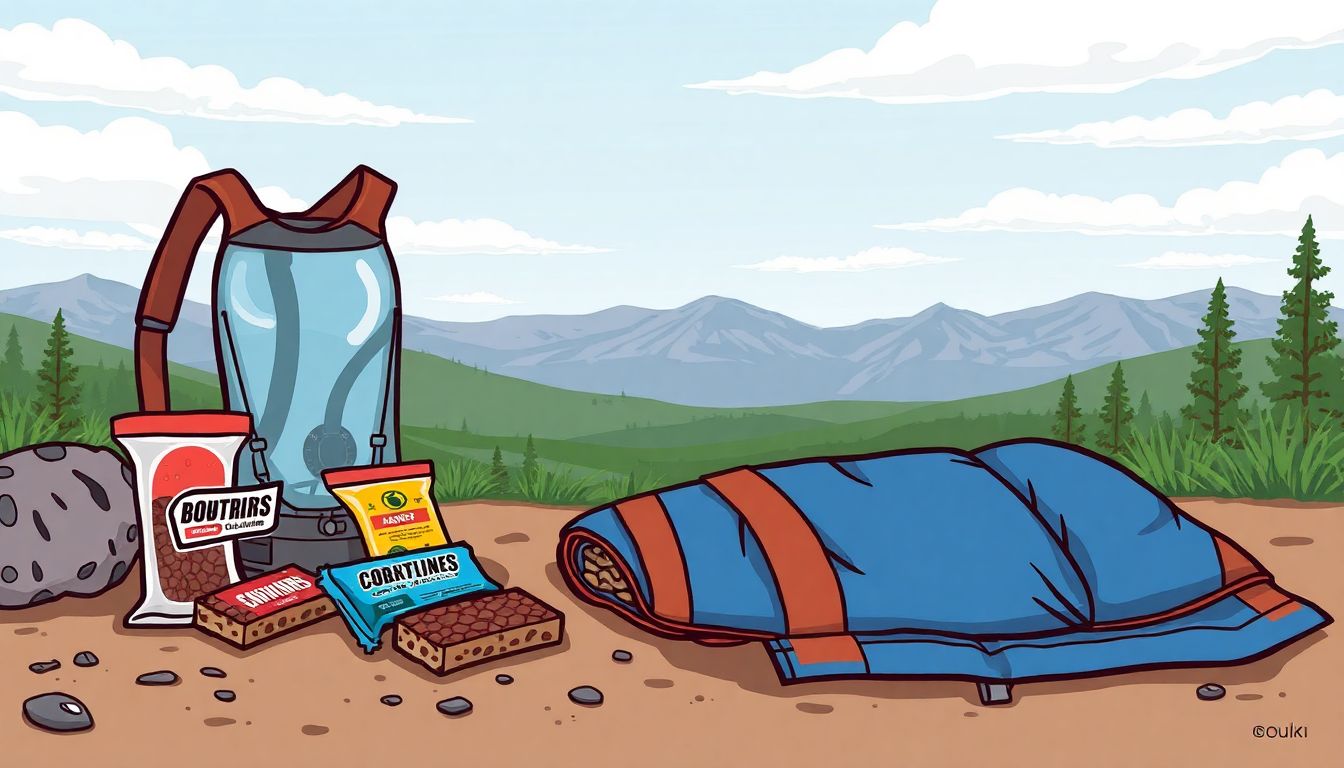 Illustrate a variety of calorie-dense bars, a hydration bladder, and a space blanket laid out on a scenic trail.