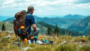 Create an image of a backpacker in a scenic trail, with a backpack open showing various survival kit items scattered around.