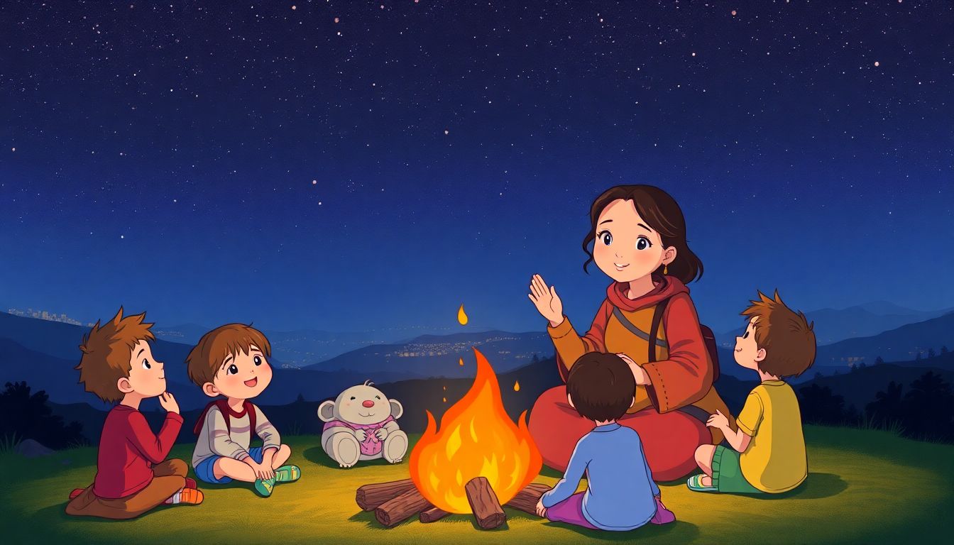 Illustrate Mama Shu with a group of kids around a campfire, telling stories under the starry night sky with city lights in the background.