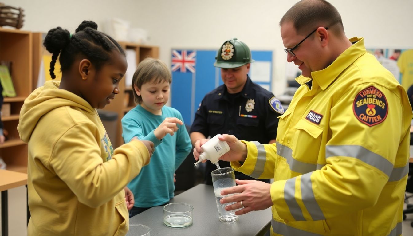 Show kids actively learning and practicing these skills, like purifying water, and interacting with firefighters and police officers in a fun, educational setting.