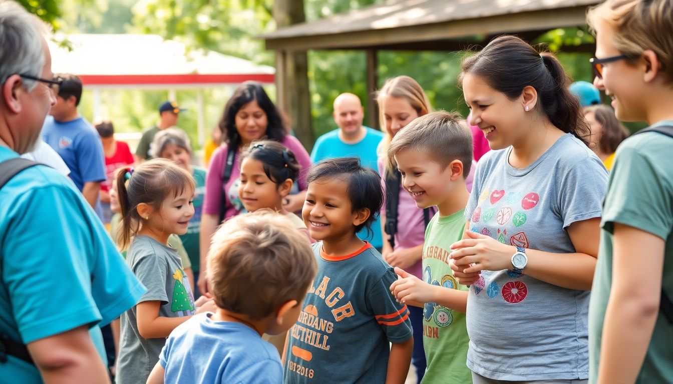 Depict a vibrant scene of former campers returning as volunteers, helping current campers with activities, and the joyful interaction between kids, parents, and volunteers.