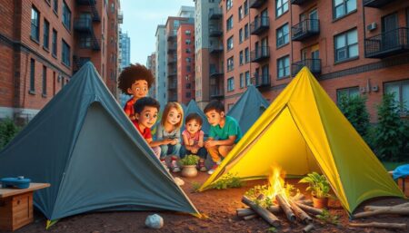 Create an engaging image of a diverse group of kids camping in an urban setting, with tents pitched among city buildings, learning survival skills like cooking over a fire and gardening.