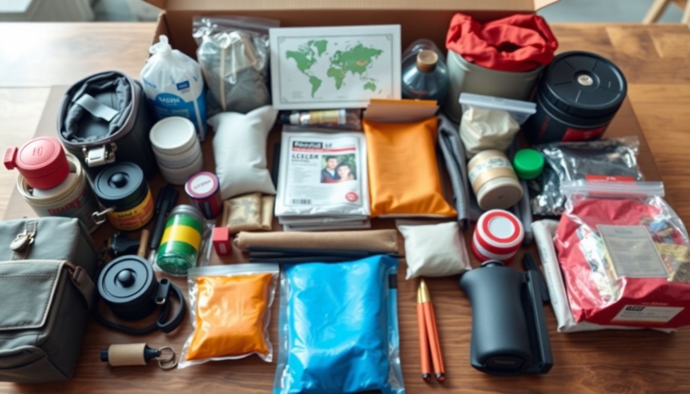 Create an image of a variety of survival kit items laid out on a table, ready to be packed into a box.