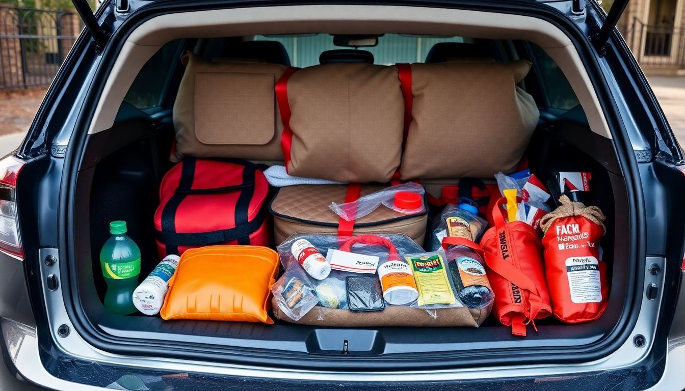Create an image of a packed survival kit in the trunk of a car, ready for use.
