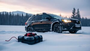 Create an image of a car stranded in a snowy landscape with a survival kit visible in the foreground.