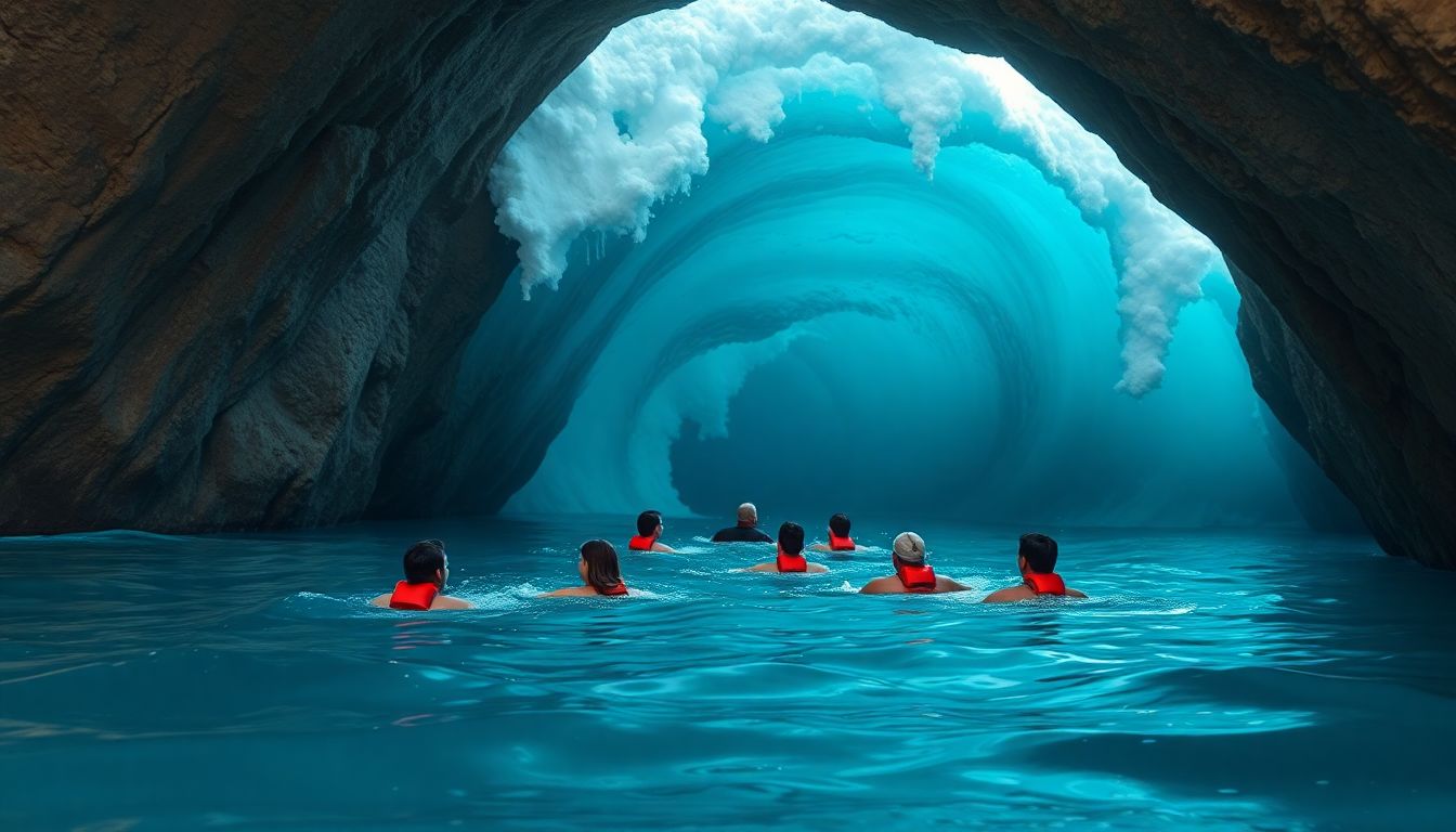 Create an image of a group of tourists swimming through a cave tunnel, with a massive wave approaching from behind, symbolizing the sudden and unexpected danger.