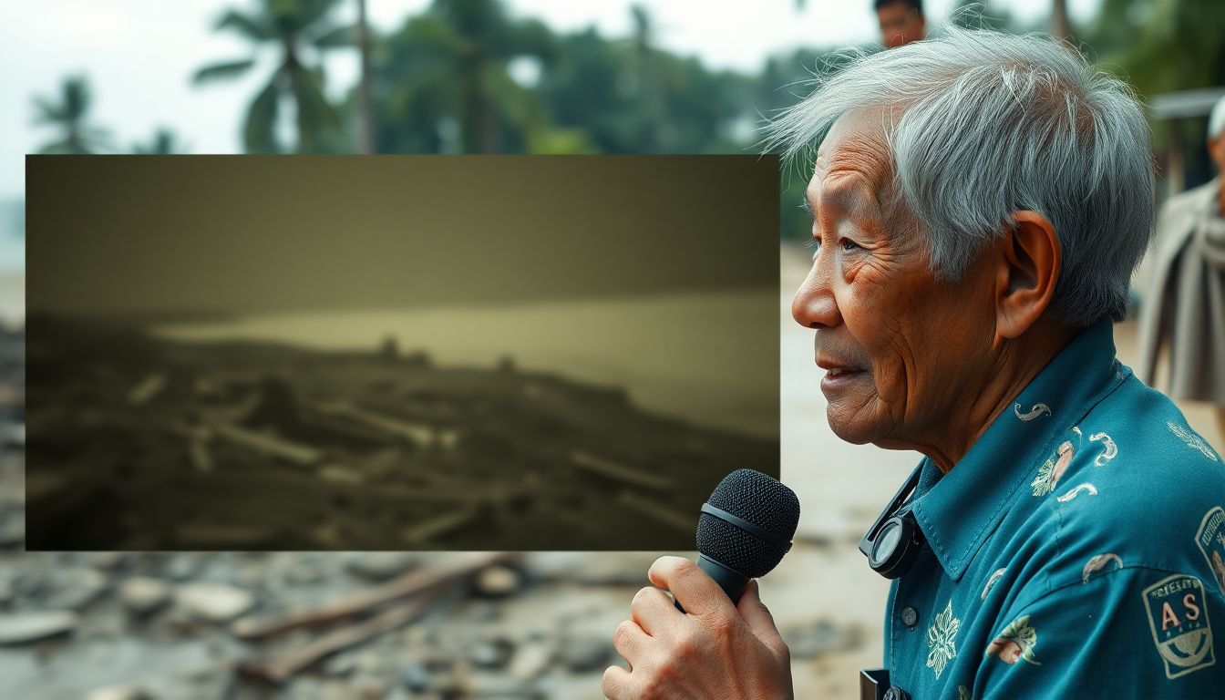 Create an image of a survivor being interviewed, with a split-screen showing grainy footage of the tsunami's aftermath, symbolizing the contrast between past and present.