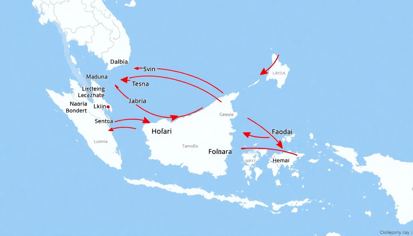 Generate an image of a map highlighting the 14 countries affected by the tsunami, with arrows indicating the path of the devastating waves.