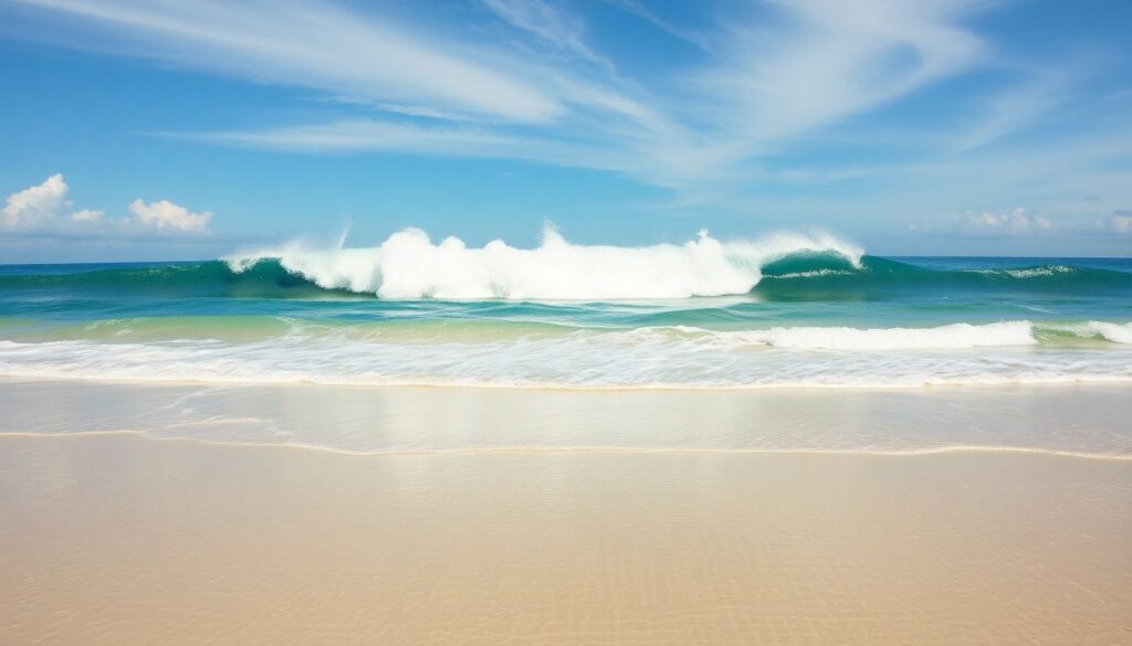 Create an image of a serene beach with clear blue waters, suddenly interrupted by a towering wall of water approaching in the distance, symbolizing the unexpected and devastating nature of the 2004 Boxing Day tsunami.