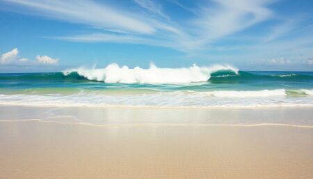 Create an image of a serene beach with clear blue waters, suddenly interrupted by a towering wall of water approaching in the distance, symbolizing the unexpected and devastating nature of the 2004 Boxing Day tsunami.