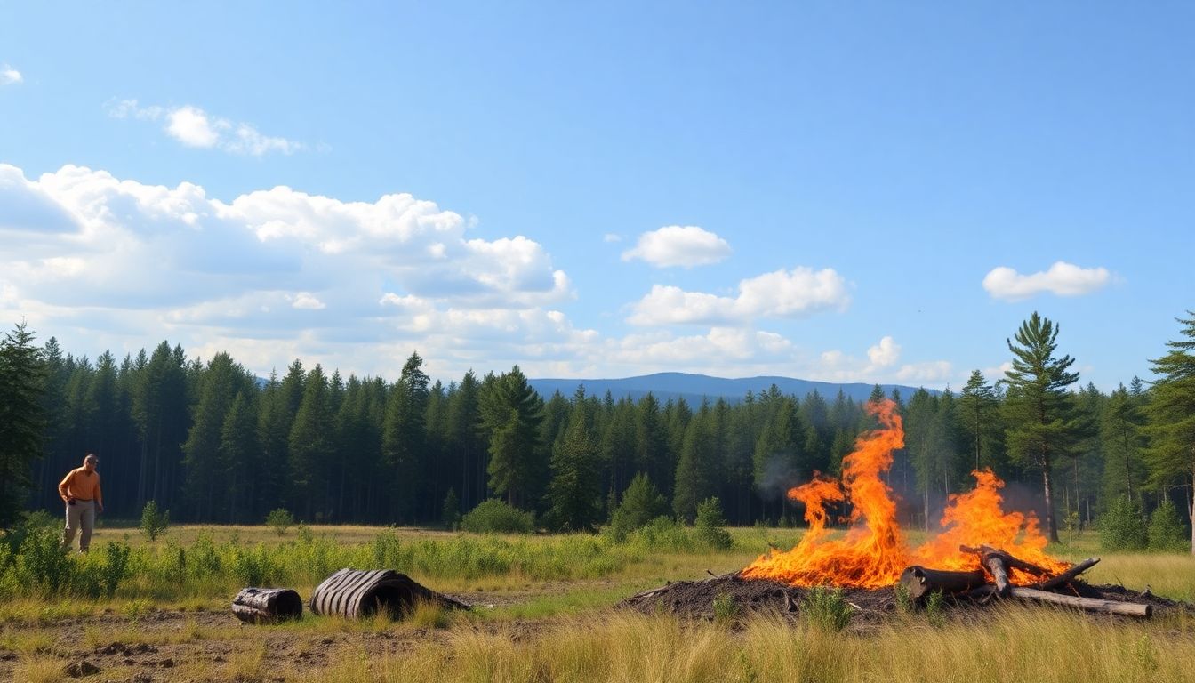 Create an image of forest management practices, such as planting native species and conducting prescribed burns.