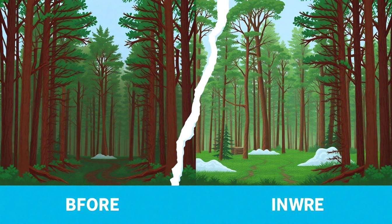 Illustrate a comparison of a forest before and after a climate change-induced weather event, highlighting the differences.