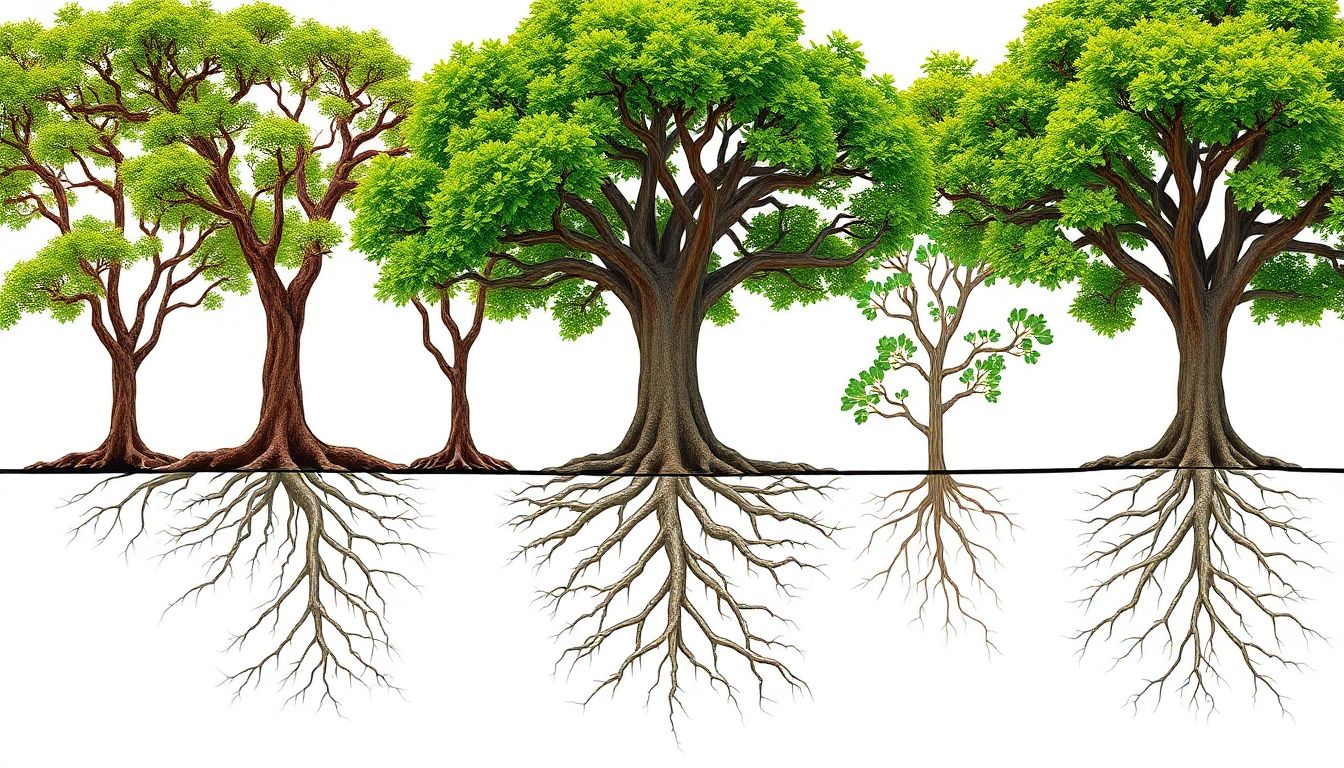 Create an image of various tree species with emphasis on their root systems, showing how deep roots provide structural support.