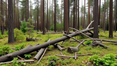 Create an image of a lush forest with signs of a recent storm, such as fallen trees and debris, while showing early signs of regrowth and recovery.