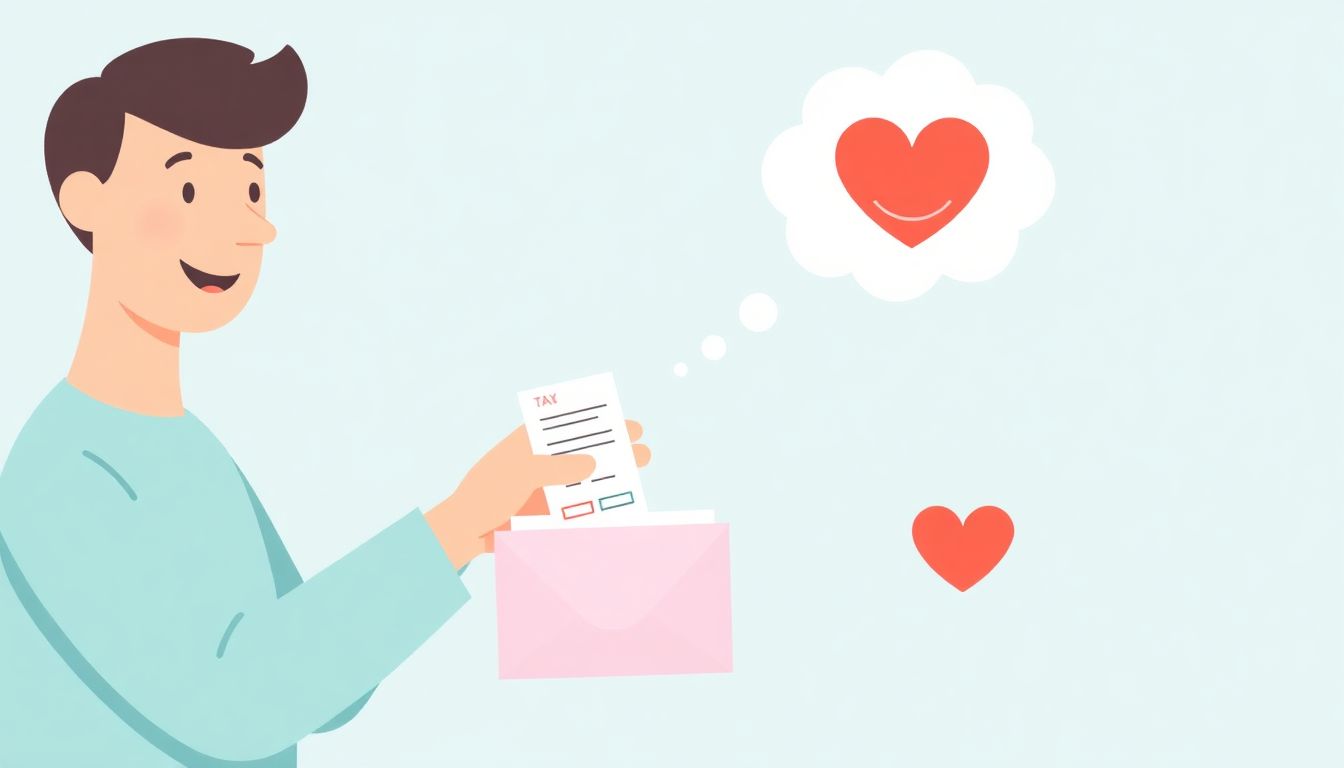 A heartwarming illustration of a person donating to a charity, with a thought bubble showing a tax receipt and a smiling heart.