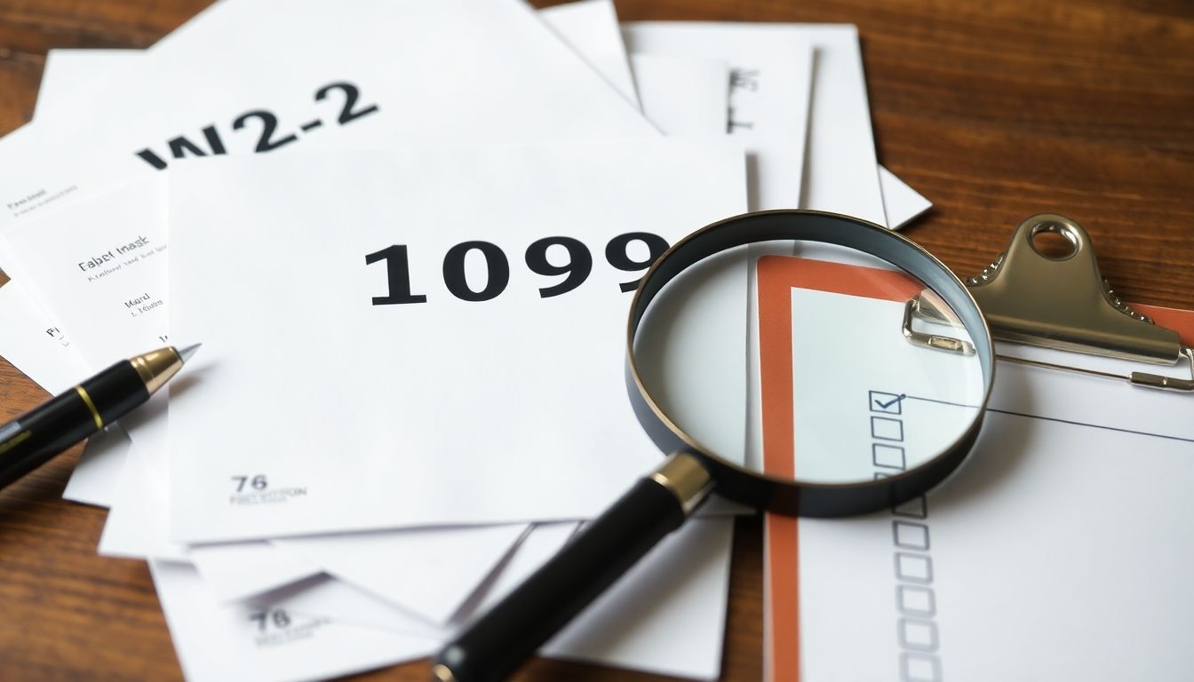 A playful image of a pile of documents like W-2s and 1099s, with a magnifying glass and a checklist clipboard nearby.