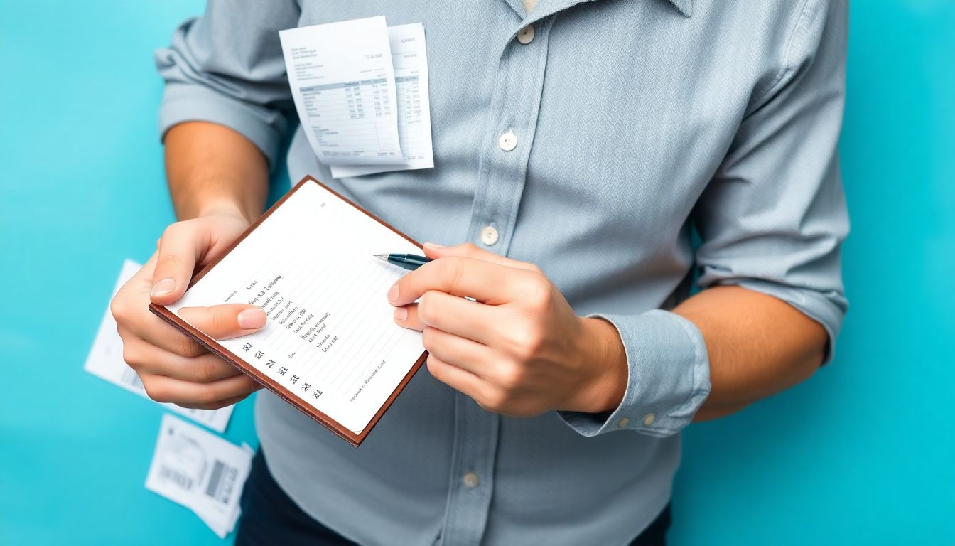 A playful image of a small business owner with a notepad and pen, jotting down expenses while surrounded by receipts and invoices.