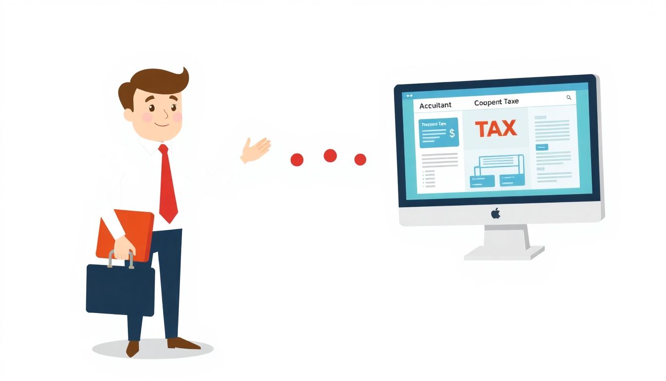 A whimsical illustration of a person choosing between a friendly accountant holding a briefcase and a computer screen showing tax software.