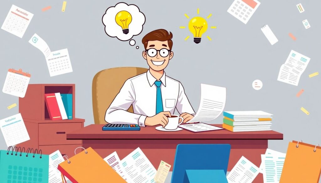 An image of a cheerful accountant sitting at a desk filled with tax forms, a calculator, and a cup of coffee, with a thought bubble showing a lightbulb moment, surrounded by a colorful, playful design of calendars, receipts, and invoices scattered around.