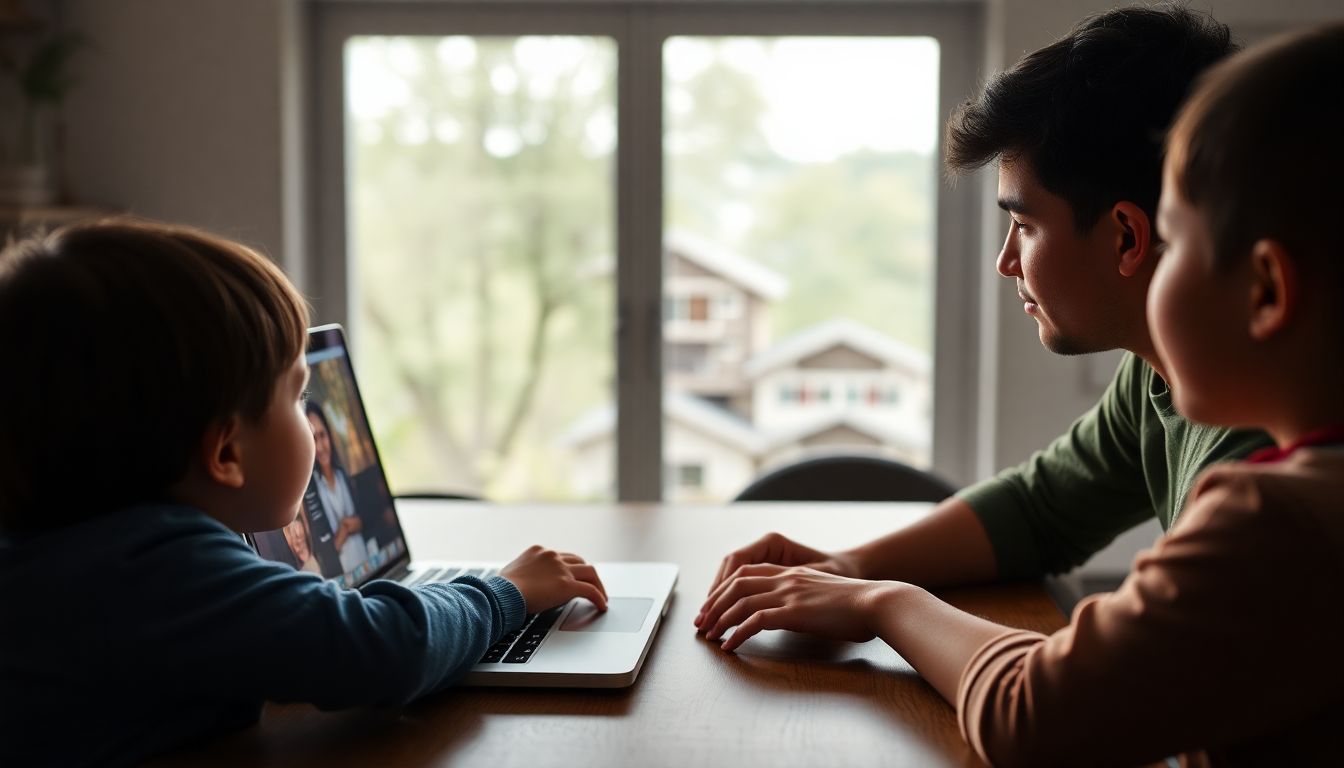 Create an image of a family using a laptop to access online resources and stay informed about disaster recovery efforts.