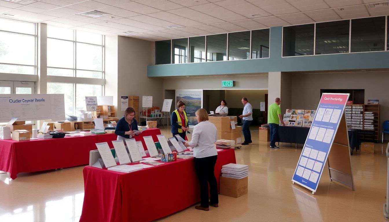 Generate an image of a disaster recovery center being prepared for reopening, with staff setting up information booths and resources.