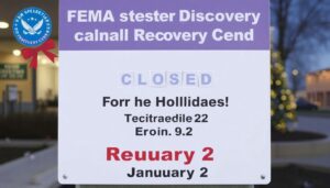 Create an image of a FEMA Disaster Recovery Center sign with a closed notice for the holidays and a reopening date of January 2.