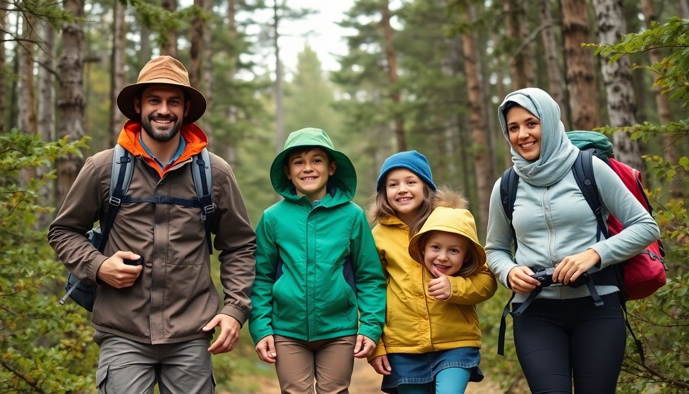 Create an image of a family dressed in appropriate camping attire, enjoying a hike through a forest with varied weather conditions.