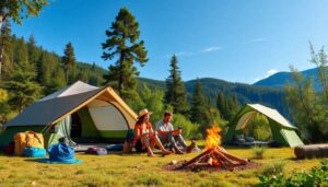 Create an engaging and detailed image of a family happily setting up their camping site in a scenic natural environment, with tents, camping gear, and a campfire, surrounded by lush greenery and a clear blue sky.