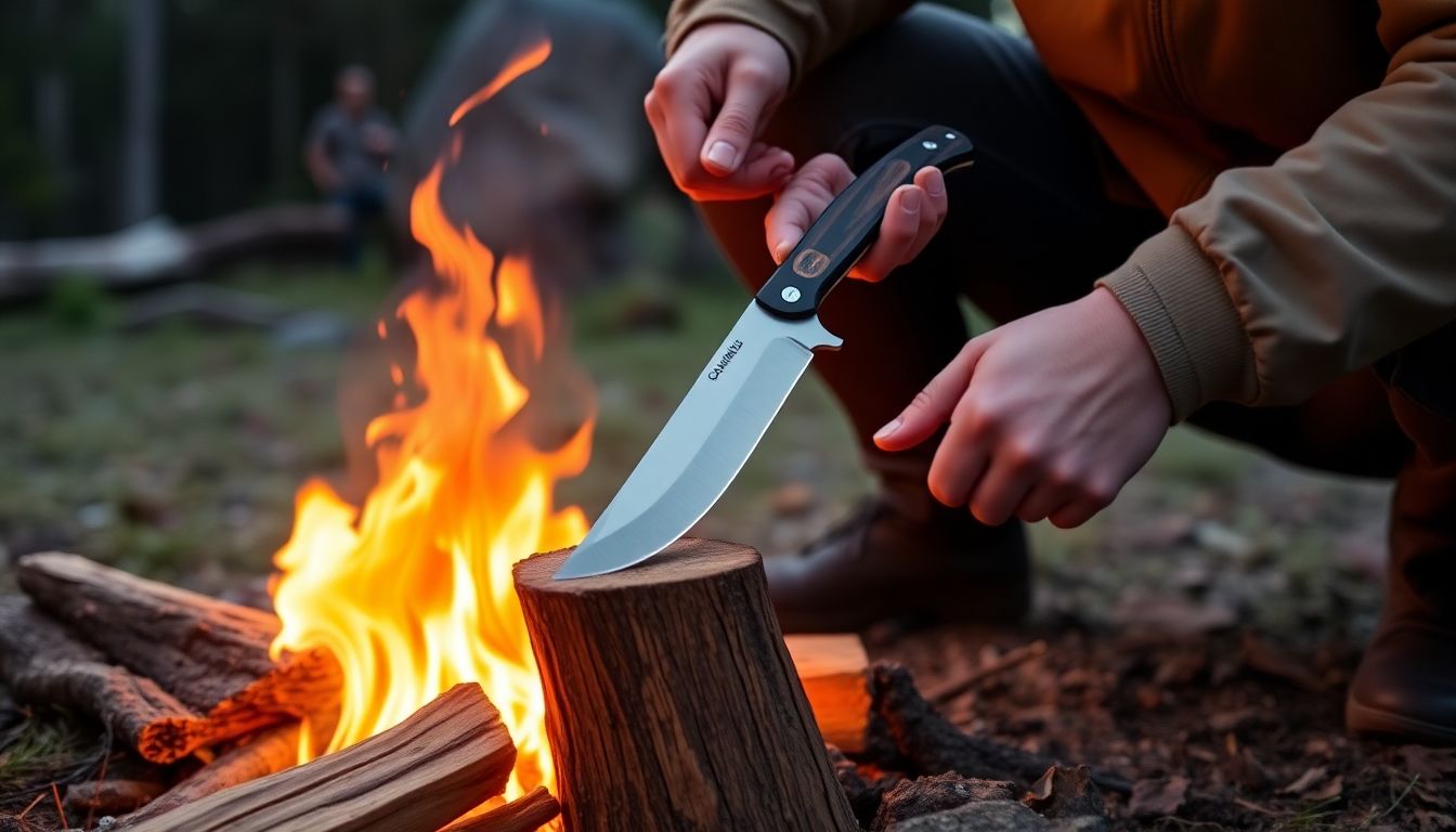 Generate an image of a camper using the Camillus Swedge knife to chop wood for a campfire, with the knife's unique design highlighted.