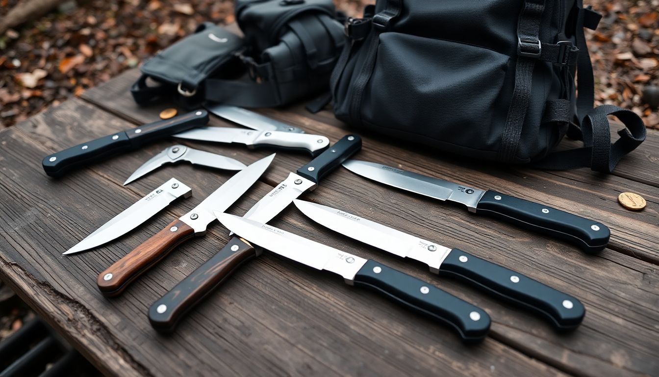 Generate an image of a variety of fixed-blade knives laid out on a rustic wooden table, with a backpack and hiking gear in the background.