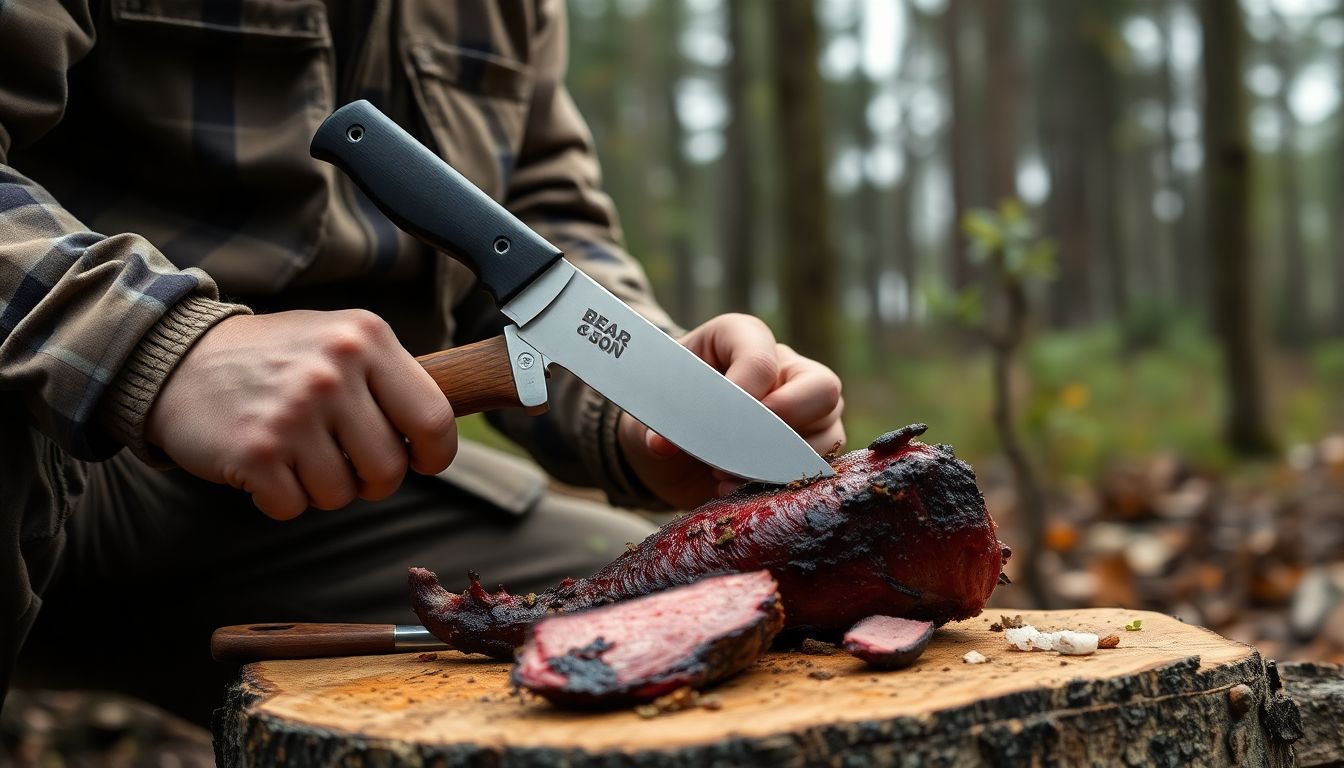 Create an image of a hunter using a Bear & Son knife to prepare game in a forest setting, with the knife's details clearly visible.